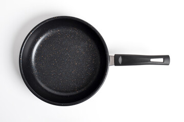 Top view Black frying pan with a non-stick coating isolated on white background