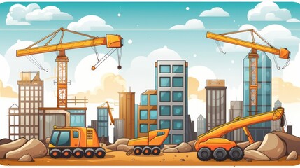 A construction site with cranes and other heavy machinery
