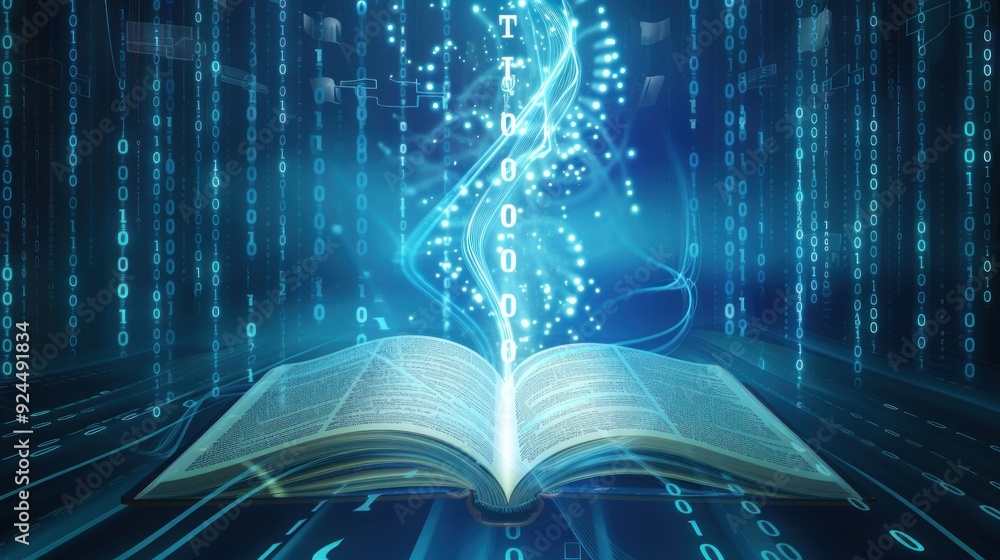 Aufkleber digital knowledge emerging from an open book
