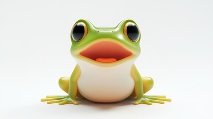 Close-up shot of a colorful cartoon frog on a white background with wide eyes and a friendly look