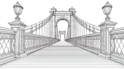 Fototapeta premium Perspective line drawing of a bridge with ornate lamps and railings extending towards the opposite end