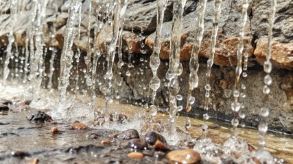 Water Cascading Down a Stone Wall, Creating a Spray of Droplets