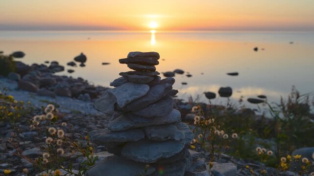 Time lapse of a stone tower at the sea with sunset. Golden hour turning into blue hour. Sun goes down 4K