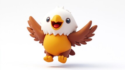 Cute animated eagle character with cheerful expression and open wings in white background