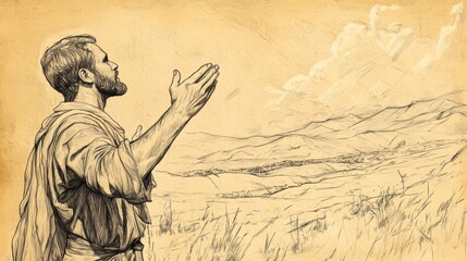 Fototapeta premium The Allotment for the Remaining Tribes: Joshua praying for God’s blessing over remaining tribes and new lands, biblical illustration, Beige Background