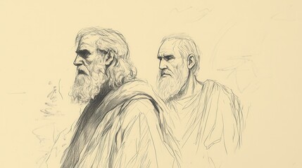 Obraz premium Joshua's Commission: Joshua standing before Moses, a biblical illustration of leadership transition, Beige Background