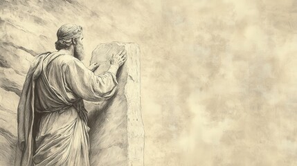 Fototapeta premium The Covenant Renewed at Shechem: Joshua inscribing covenant terms on a large stone, a witness to their promise, biblical illustration, Beige Background