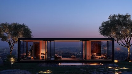 Modern house design with large glass walls, showcasing interior elegance against a serene twilight landscape.