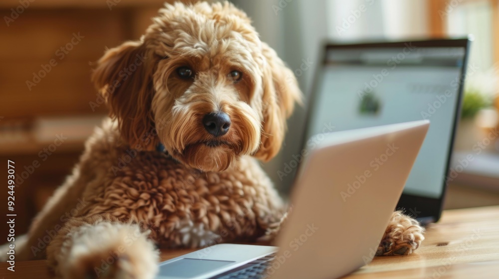 Poster a dog sitting at a table with a laptop in a learning or working environment