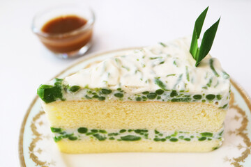 Lod Chong Chiffon Cake, a Pandan Flavored Rice Flour in Sweetened Coconut Cream Served with Palm Sugar Caramel Syrup