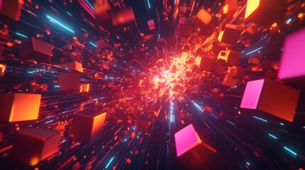 Fototapeta premium 66. A vibrant, dynamic array of geometric shapes and glowing particles forming a futuristic background