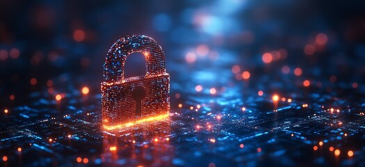 Secure digital network, glowing lock, blue background, cybersecurity concept