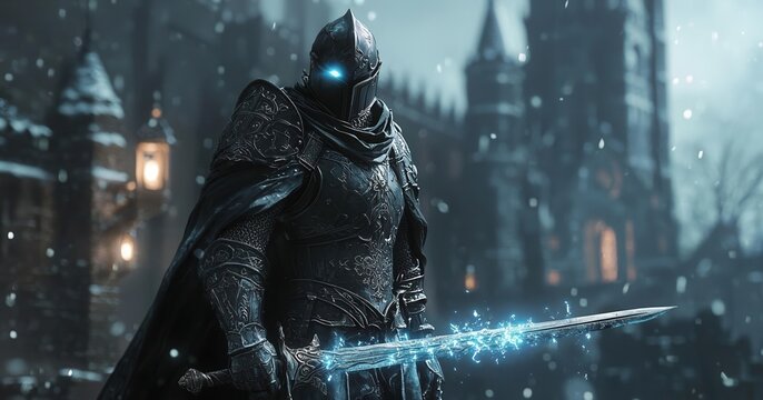 A mysterious knight in dark armor stands in a snow-covered landscape