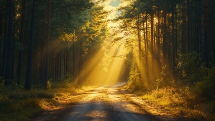 A Beautiful Golden Pathway Through a Sunlit Forest, Where Rays of Light Capture the Enchantment of Nature and Invite a Journey into the Tranquility of the Wild.