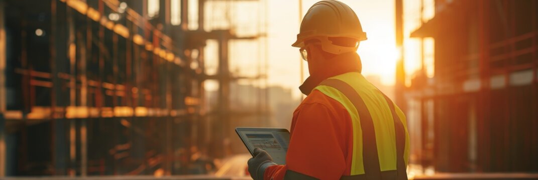 Construction worker holding a tablet, overseeing progress at a construction site, symbolizing modern engineering and project management.