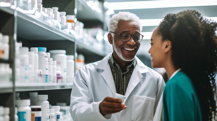 Pharmacist, medicine and help for woman customer at the counter for pills, help and information on treatment. Pharmacy, consulting and girl asking questions from healthcare worker, advice and trust