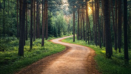 Fototapeta premium A Serene Journey Through Nature's Embrace: Discover the Tranquil Winding Path Amidst Lush Greenery and Towering Trees, Inviting You to Explore This Hidden Gem.