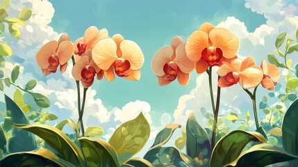 Obraz premium Beautiful Orange Orchids in Bloom Against a Vibrant Blue Sky with Lush Green Foliage and Fluffy White Clouds