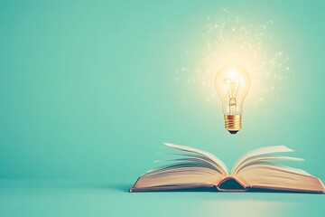 glowing light bulb above an open book symbolizes inspiration and creativity.image evokessense of wonder and enlightenment.