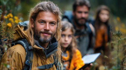 Fototapeta premium dedicated teachers teaching young students about forest ecosystem during biology field class observing wild plants taking notes during outdoor active education