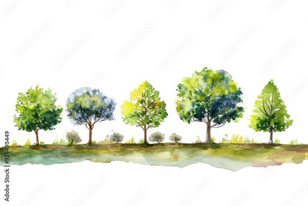 Poster watercolor illustration of trees on a white background, ideal for use as a design element or decorat