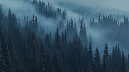 Misty forest. Foggy mountains. Misty spruce landscape banner