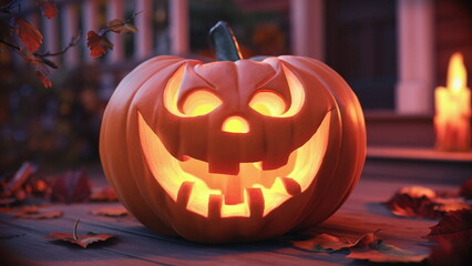 A charming, hand-drawn image of a cheerful jack-o'-lantern with a wide grin, showcasing the intricate carving details of a spooky face.The pumpkin's eyes, nose, and mouth are carved into a playful exp