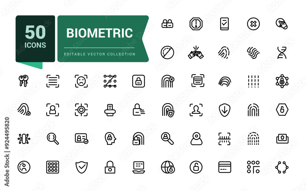 Poster set of biometric line icons related to data protection, cyber security, privacy. simple editable vec