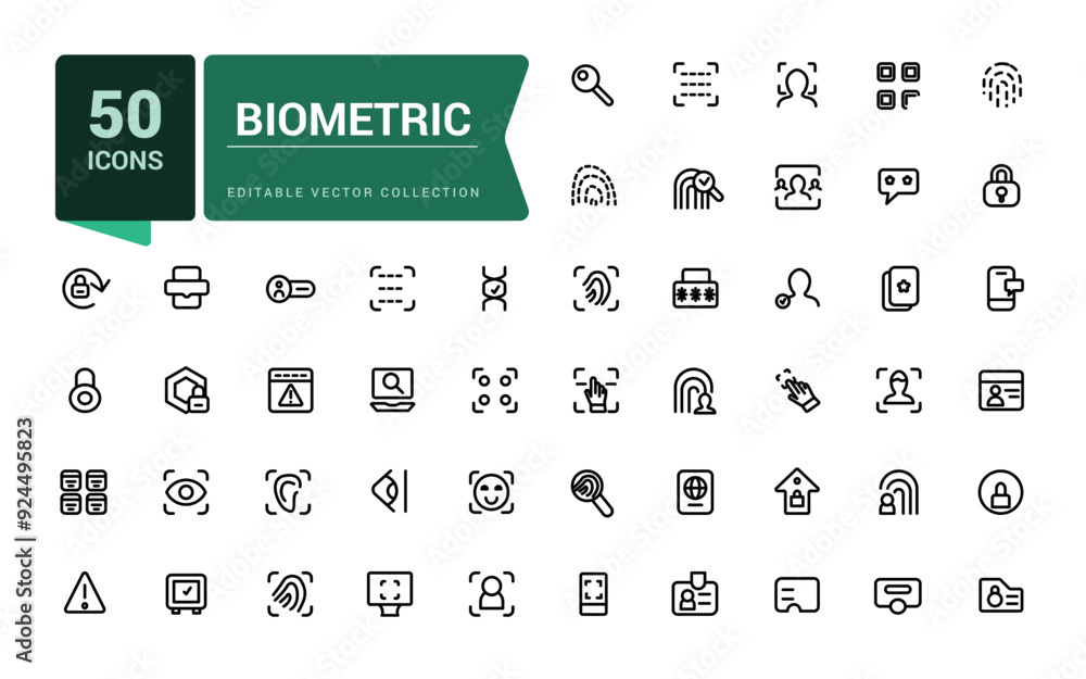 Poster set of biometric line icons related to data protection, cyber security, privacy. simple editable vec