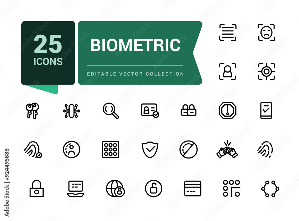 Poster set of biometric line icons related to data protection, cyber security, privacy. simple editable vec