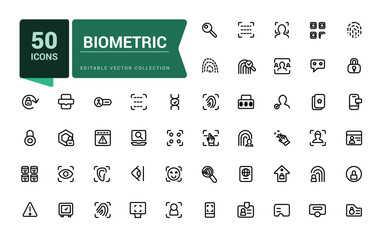 Set of biometric line icons related to data protection, cyber security, privacy. Simple editable vector stroke illustration.