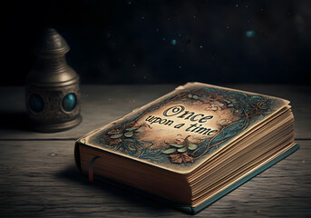 An old fairy tale book "Once upon a time" lies on an old wooden table