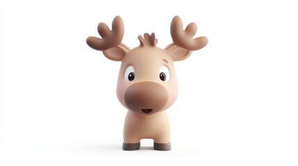 Adorable Cartoon Moose on Pure White Background with Curious Expression