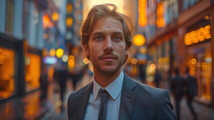 Fototapeta premium Elegant man in a tailored suit walking through a vibrant city street during twilight, surrounded by soft glowing lights. Generative AI