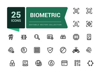 Set of biometric line icons related to data protection, cyber security, privacy. Simple editable vector stroke illustration.