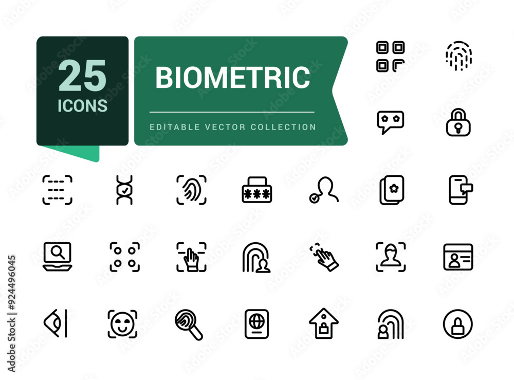 Poster set of biometric line icons related to data protection, cyber security, privacy. simple editable vec