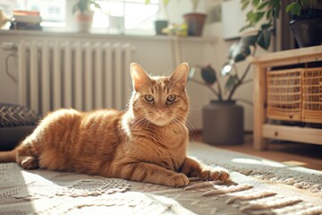 A domestic cat lying on a rug in a cozy room