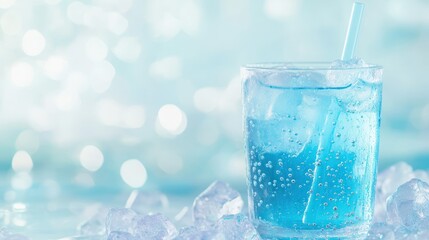Refreshing Blue Drink with Ice Cubes