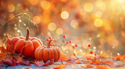 Autumn Harvest and Thanksgiving Decoration with Pumpkins and Leaves