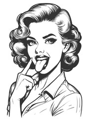 pin-up girl playfully sticking out her tongue, show middle finger, fun and cheeky sketch engraving generative ai fictional character vector illustration. Scratch board imitation. Black and white image