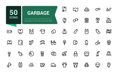 Garbage disposal icon set. Waste sorting. Pixel perfect, minimalistic outline icons collection. Editable vector illustration.