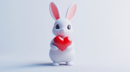 Adorable White Rabbit Holding Red Heart on Minimalist Background