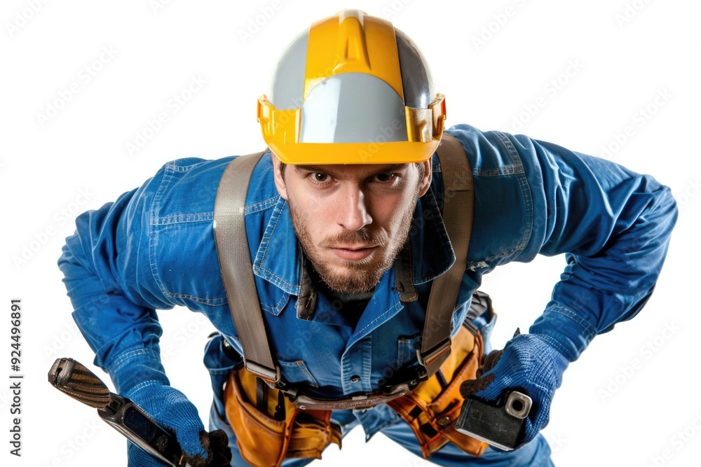 Poster a construction worker wearing a hard hat holds a pair of scissors, suitable for various uses such as