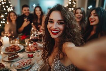 group of friends taking selfies at the Christmas table