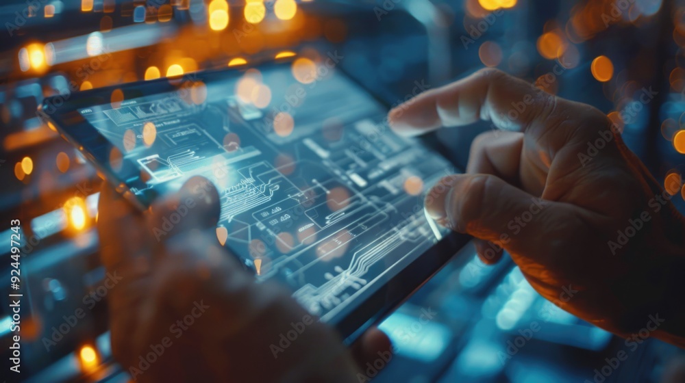 Aufkleber a person holds a tablet with a circuit board, suitable for technology or innovation illustrations