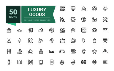 Luxury goods icon set. Related to leather goods. Pixel perfect, minimalistic web and UI icon. Outline icon collections. Editable vector illustration.