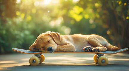 Cute puppy sleeping on a skateboard, AI generated