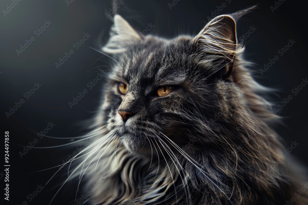 Poster a close-up of a long-haired cat gazing directly at the camera