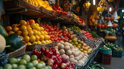 Vibrant market display showcasing colorful fruits and vegetables during a sunny afternoon in an outdoor farmers' market. Generative AI