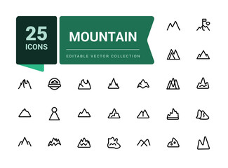 Mountain icons set. Related to rivers, lakes, nature landscape, hills, forest, wood, trees. Pixel perfect, minimalistic web and UI icon. Outline icon collections.